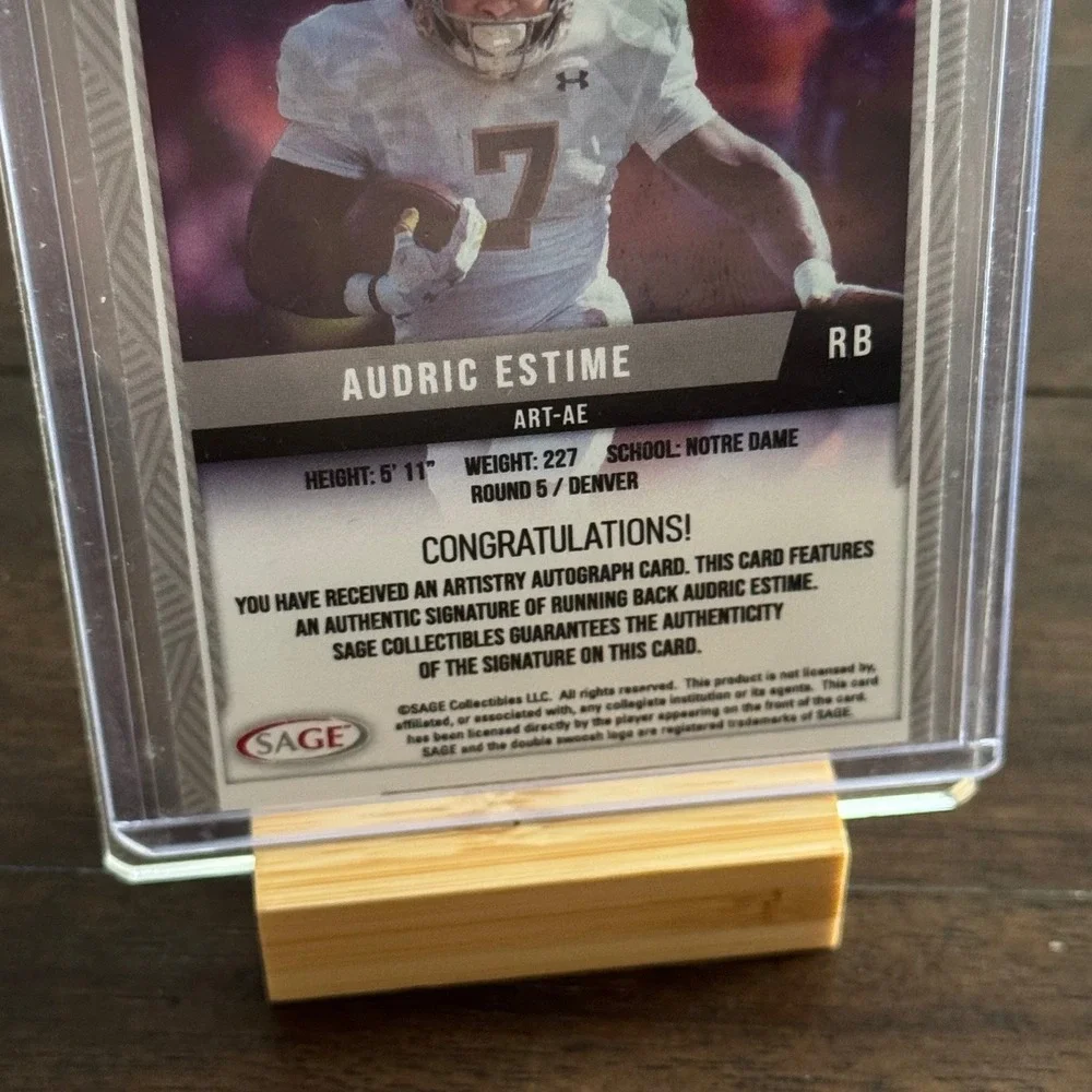 SAGE Artistry Trading Card Audric Estime Green Autograph Notre Dame Denver RB
